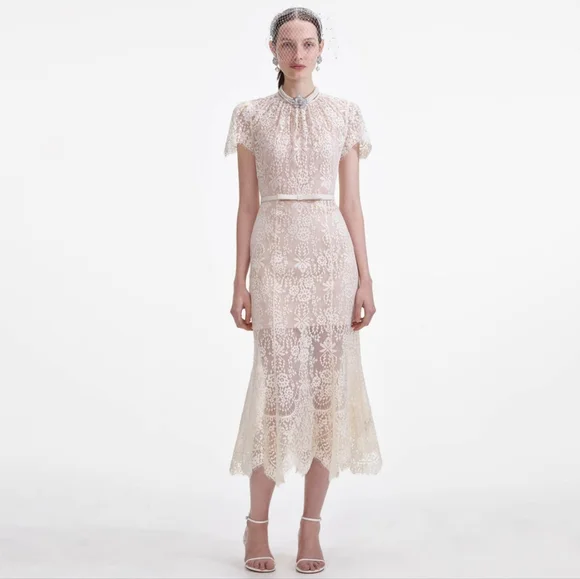 Self-Portrait White Lace Midi Dress